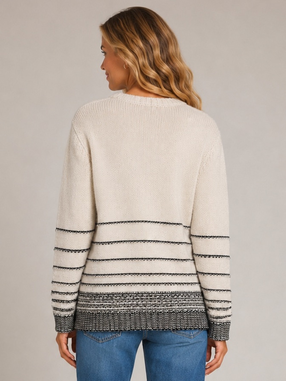 J. Jill Wool and Cotton Knit Crewneck Sweater Cream and Black Size L - Picture 2 of 14